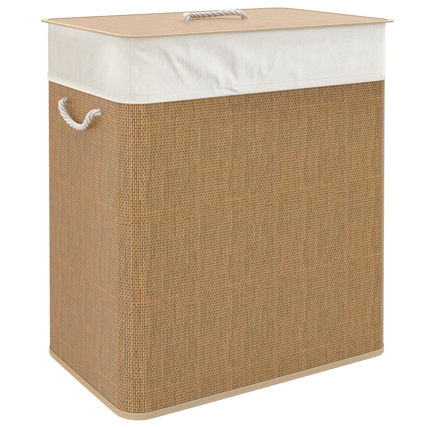 Double Laundry Basket with Lid, 100L Bamboo Laundry Hamper with Rope Handles and Removable Bags, Brown