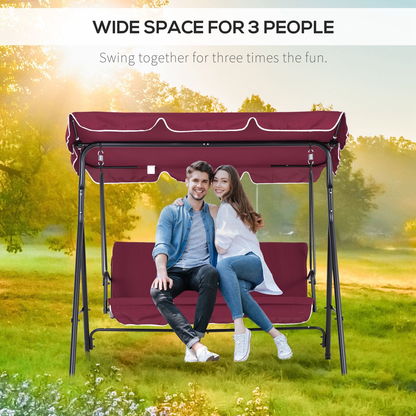3-Seater Outdoor Porch Swing with Adjustable Canopy, Patio Swing Chair for Garden, Poolside, Backyard, Wine Red