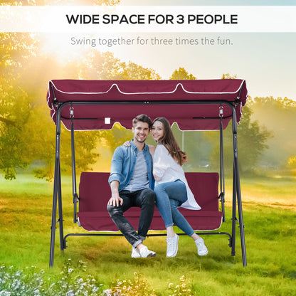 3-Seater Outdoor Porch Swing with Adjustable Canopy, Patio Swing Chair for Garden, Poolside, Backyard, Wine Red