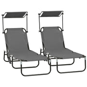 2 Piece Folding Outdoor Chaise Lounges, Pool Tanning Chairs with Reclining Back, Sunshade for Beach, Patio, Dark Grey
