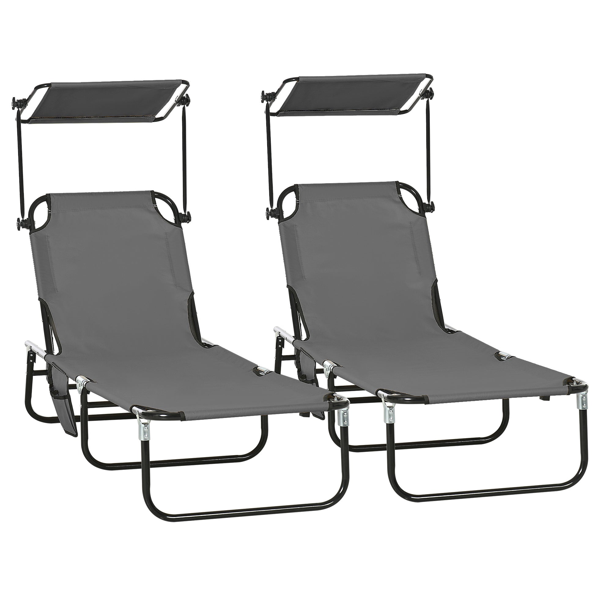 2 Piece Folding Outdoor Chaise Lounges, Pool Tanning Chairs with Reclining Back, Sunshade for Beach, Patio, Dark Grey