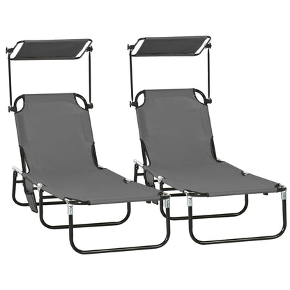 2 Piece Folding Outdoor Chaise Lounges, Pool Tanning Chairs with Reclining Back, Sunshade for Beach, Patio, Dark Grey