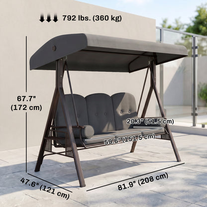 Outdoor Patio 3-Person Steel Canopy Cushioned Seat Bench Swing with Included Side Trays & Padded Comfort, Dark Grey