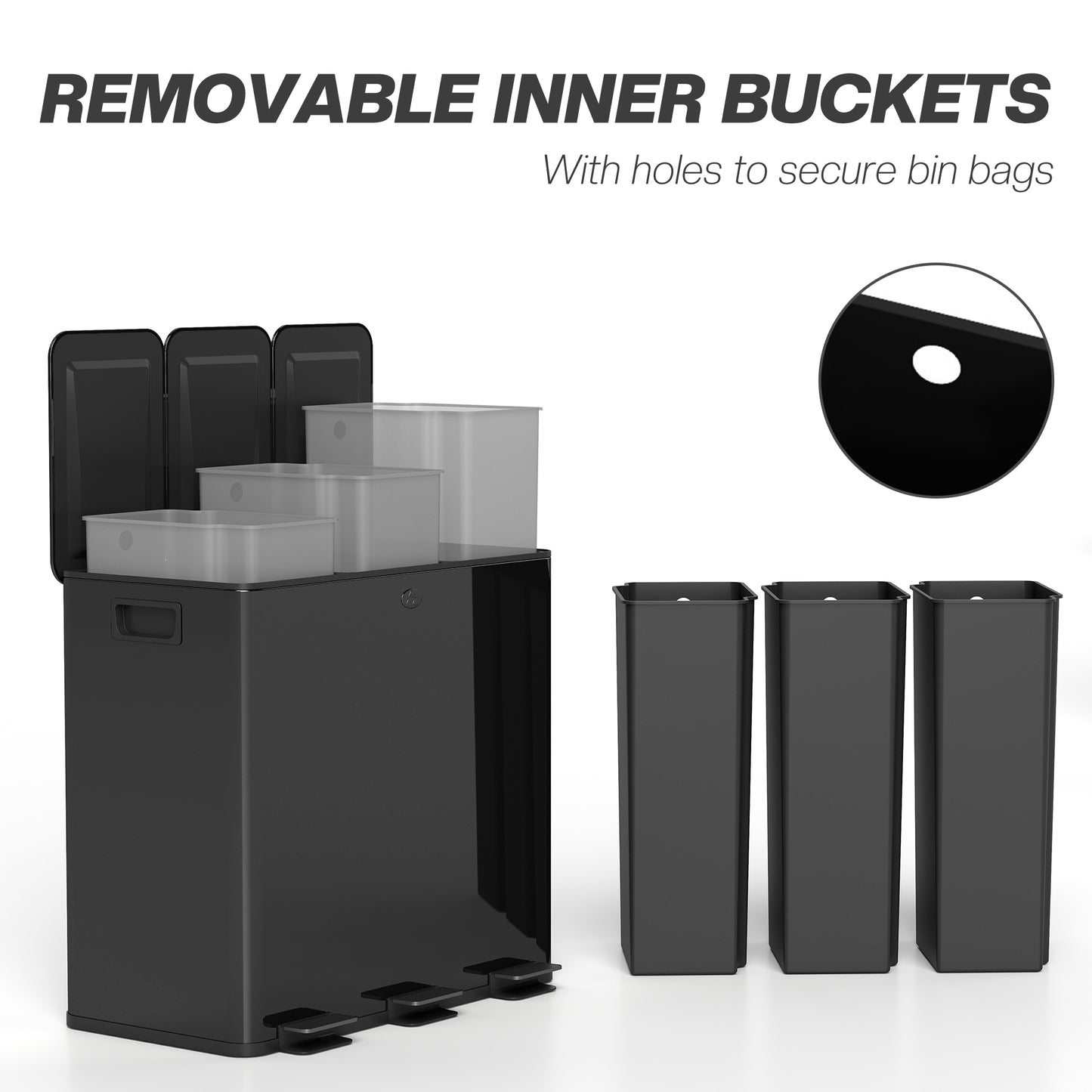 Triple Garbage Bin, Soft-Close Trash Can with Foot Pedal, 3 x 20 Liter Garbage Can with Removable Inner Buckets, Black