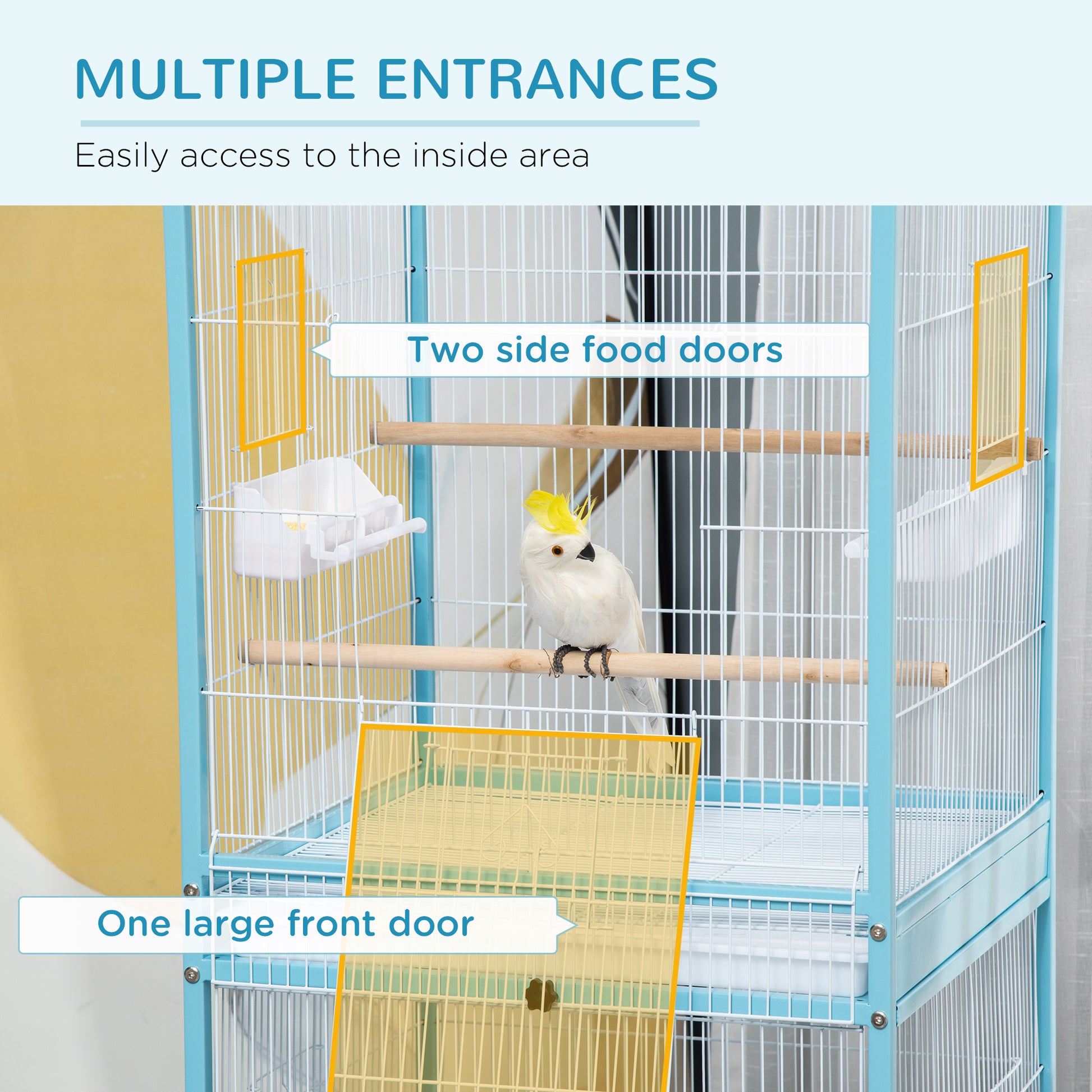 55.1" 2 In 1 Bird Cage Aviary Parakeet House for finches, budgies with Wheels, Slide-out Trays, Wood Perch, Food Containers, Light Blue