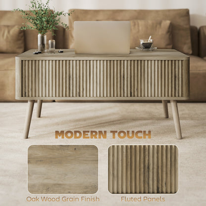 Lift Top Coffee Table with Storage, Center Table with Hidden Compartments and Pine Wood Legs for Living Room, Oak