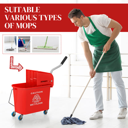 Compact Mop Bucket with Wringer, Mop Bucket on Wheels for Floor Cleaning, 5 Gallon, Separate Dirty and Clean Water, Red