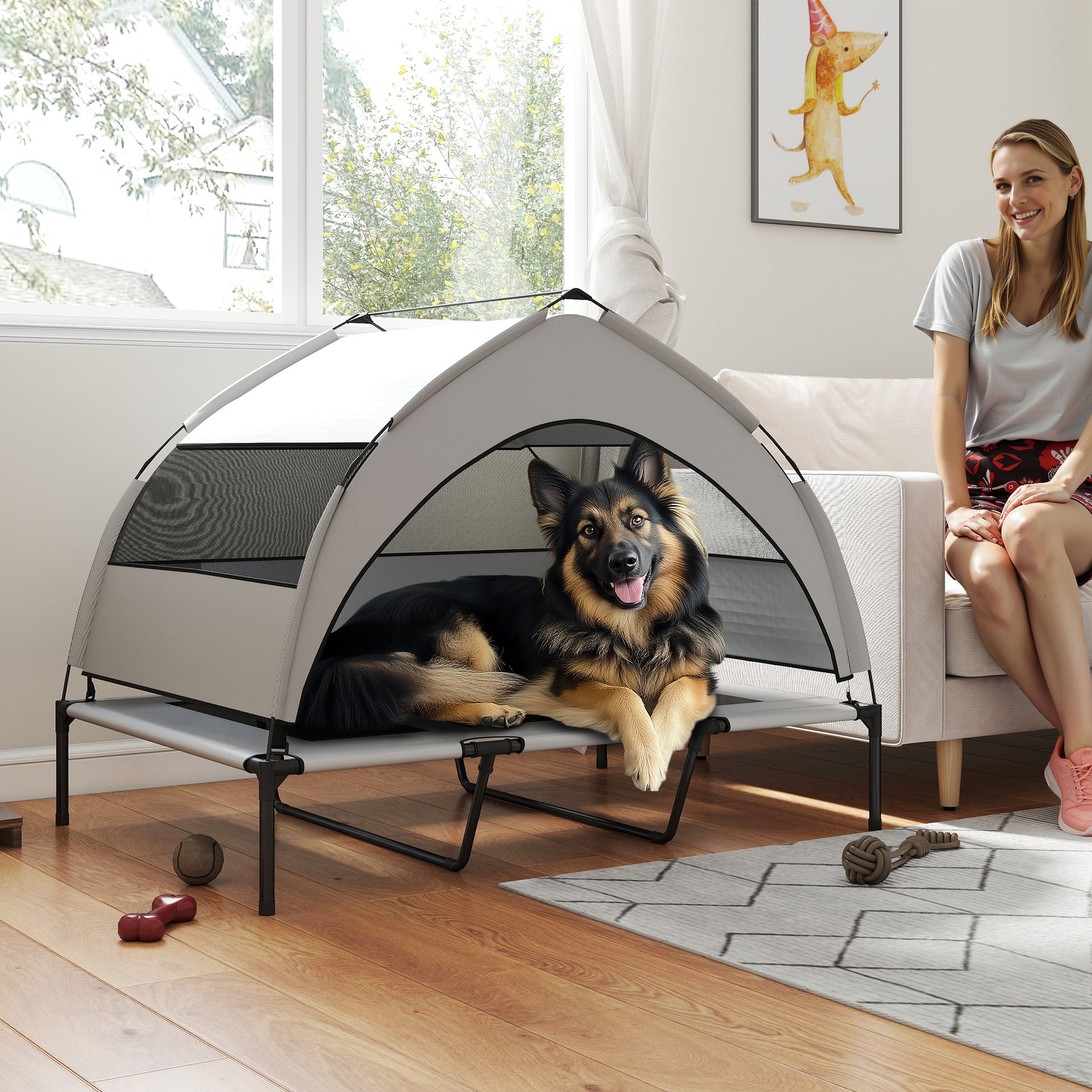 Elevated Dog Bed with Removable Canopy, Portable Outside Raised Pet Cot, Storage Bag, 48" x 36" x 37"