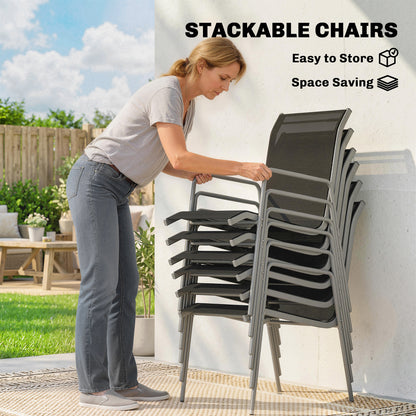 7 Piece Garden Dining Set, Garden Furniture Set with Rectangle Table and 6 Stackable Chairs