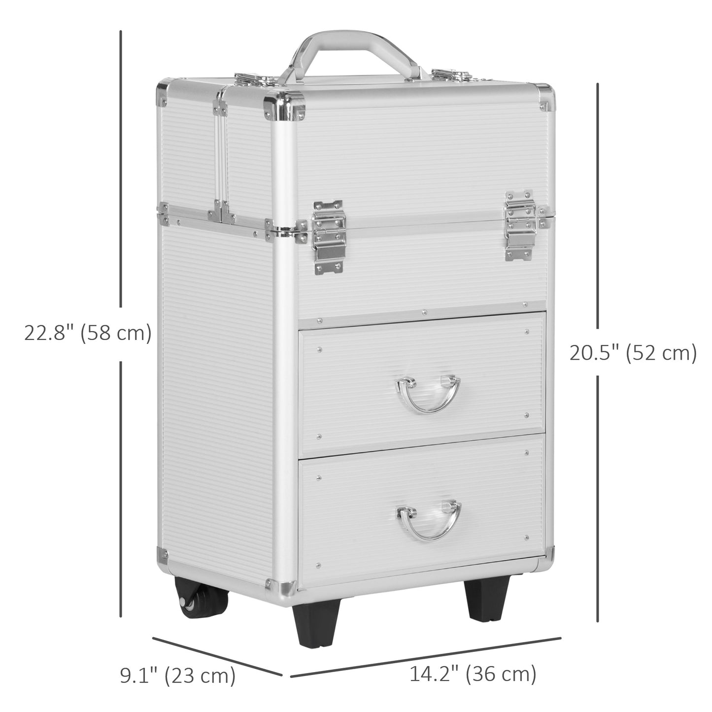 Aluminum Rolling Makeup Case, Portable Professional Cosmetic Makeup Case, Lockable Traveling Cart Trunk with Folding Trays, Swivel Wheels and Keys, Silver