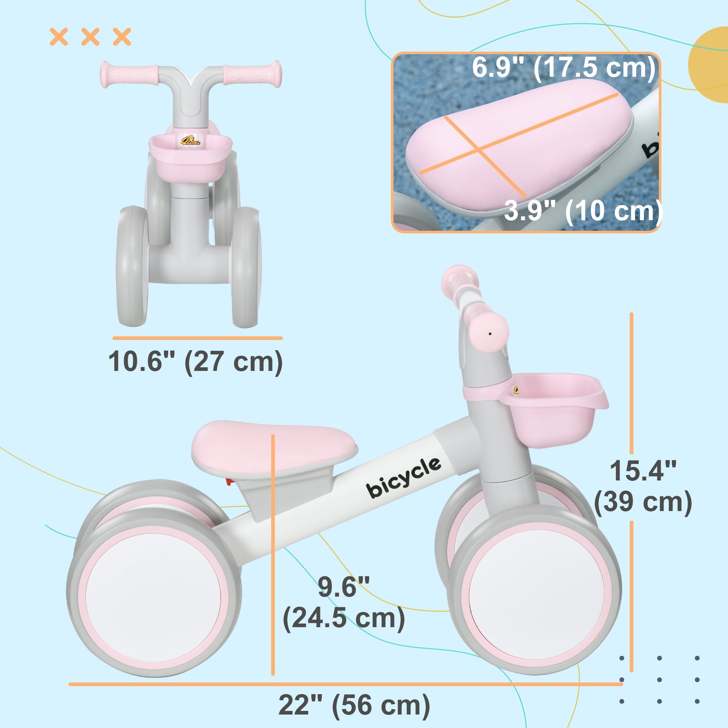 Qaba Toddler Balance Bike for 12–36 Months with Adjustable Seat, Removable Basket, 4 Silent Wheels, Pink