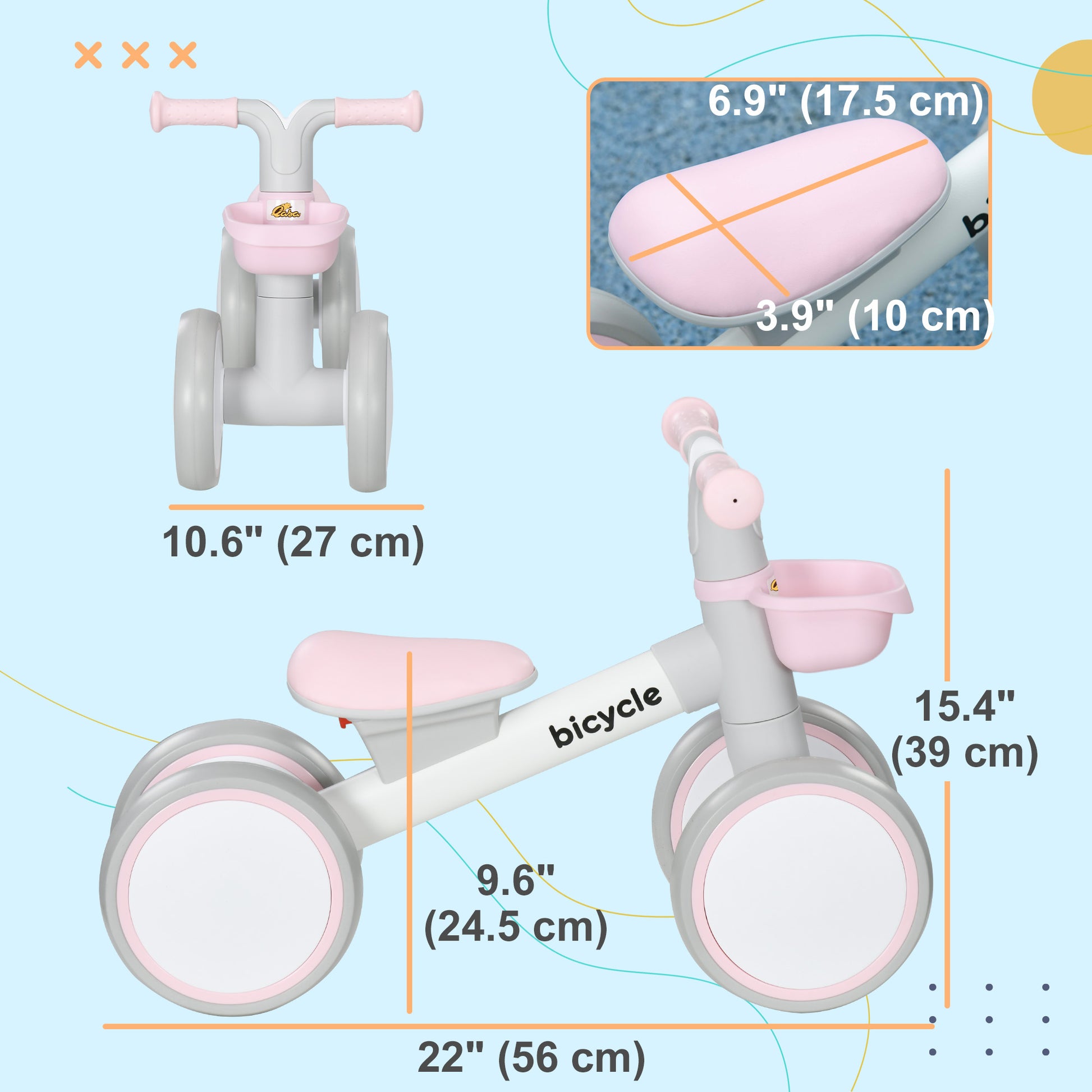Qaba Toddler Balance Bike for 12–36 Months with Adjustable Seat, Removable Basket, 4 Silent Wheels, Pink