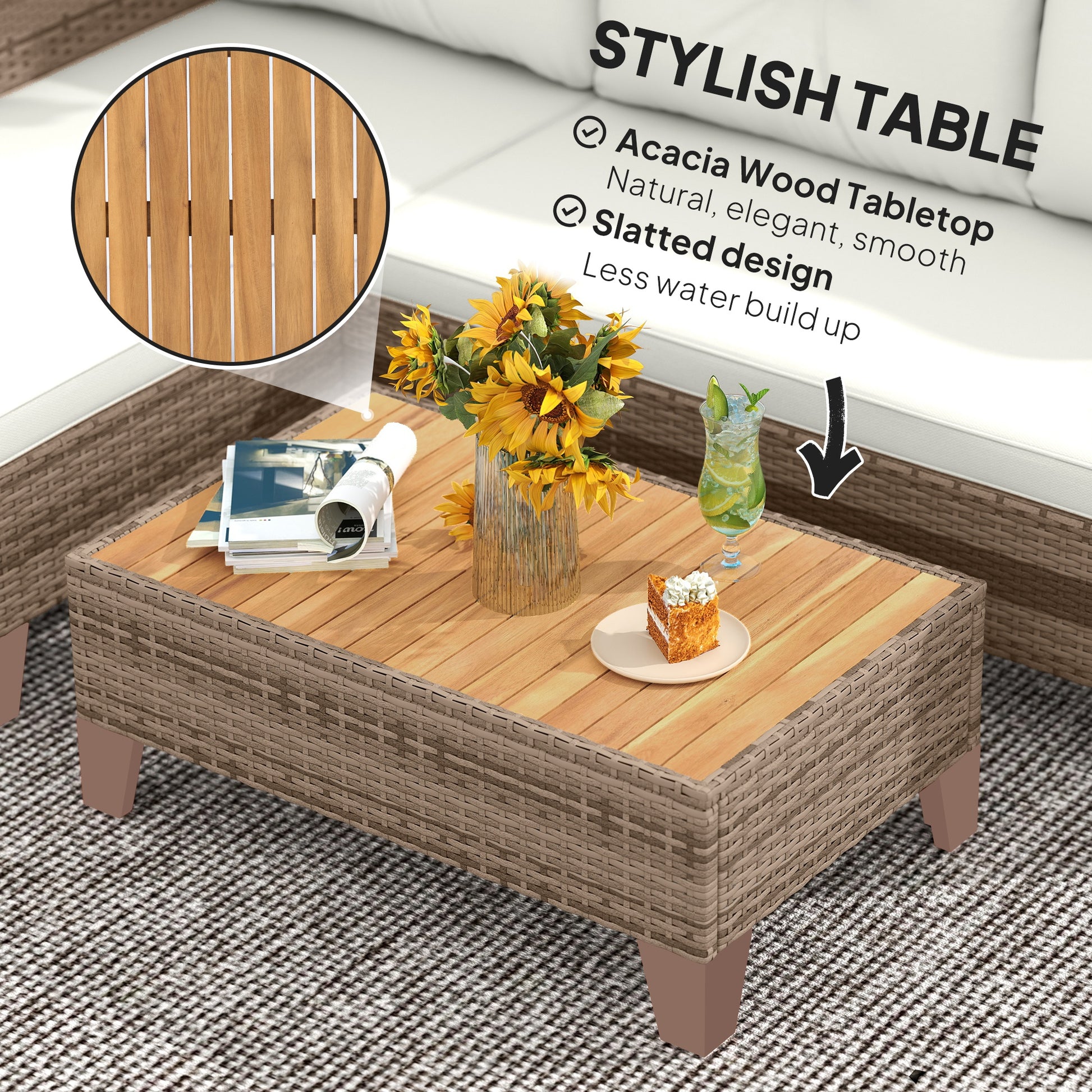 3 Piece Patio Furniture Set, L-Shaped Outdoor Furniture Conversation Set with Wood Top Coffee Table, Cream
