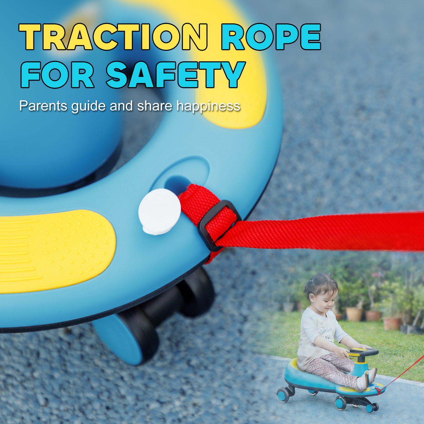 Qaba Kids Wiggle Car w/ Parent Traction Rope, Music, Light, Blue