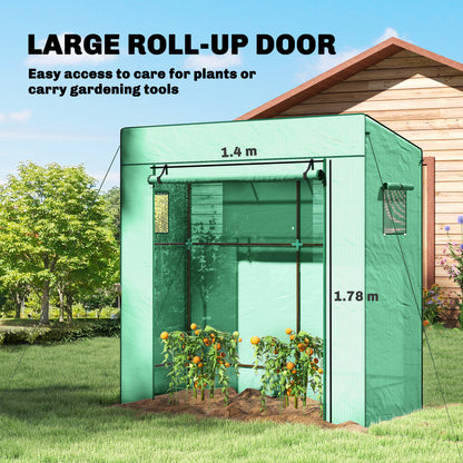 Walk-in Tomato Greenhouse Lean-to Green House with Reinforced PE Cover, Roll-up Door, Mesh Windows, Green