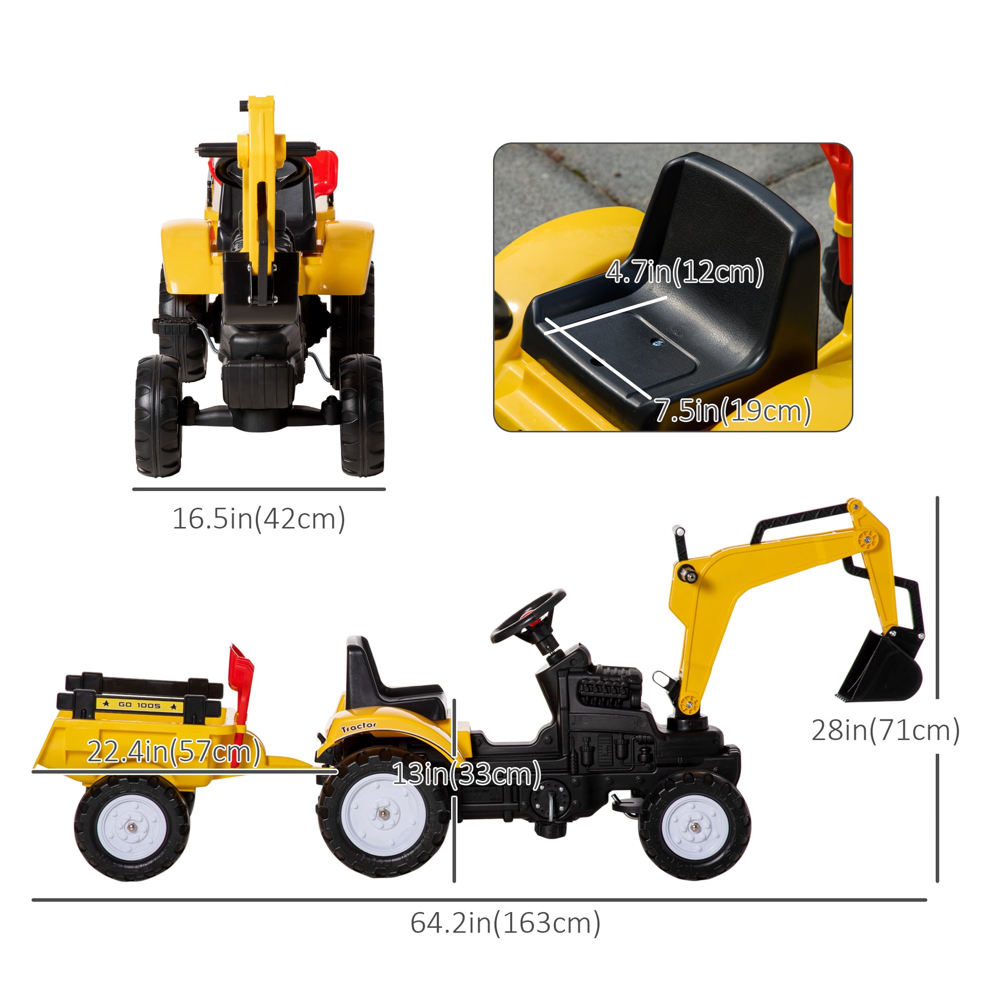 Aosom Ride on Tractor for Kids, Pedal Construction Car with Horn & Detachable Trailer for 3 Year Old, Yellow