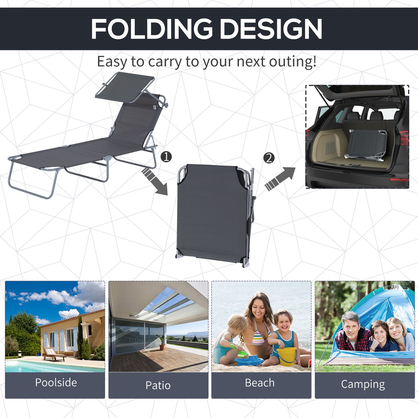 Outdoor Lounge Chair, Adjustable Folding Chaise Lounge, Tanning Chair with Sun Shade for Beach, Camping, Hiking, Backyard, Grey