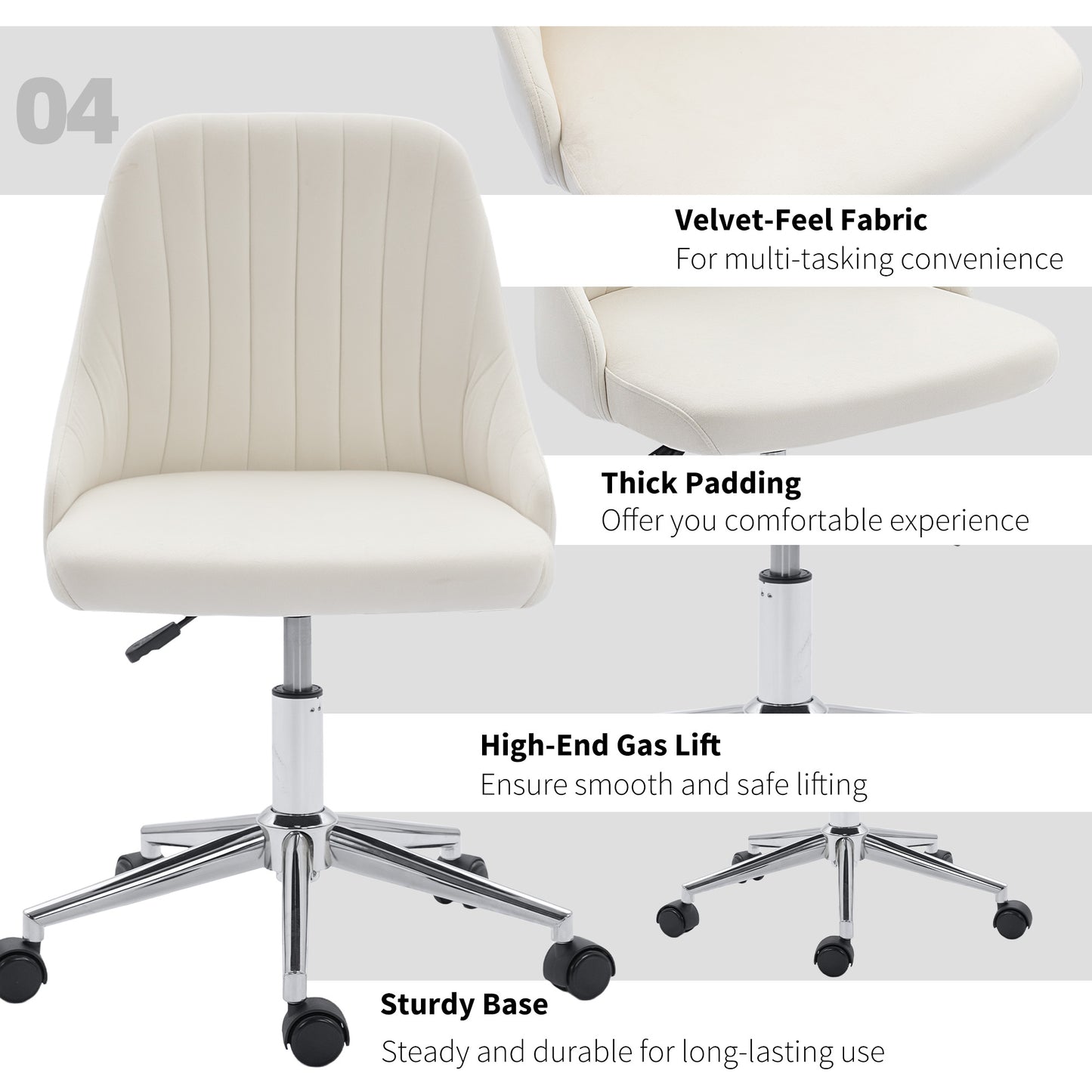 Vanity Chair for Makeup, Velvet Comfy Office Chair with Adjustable Height, Swivel Wheels for Bedroom, Living Room, Cream
