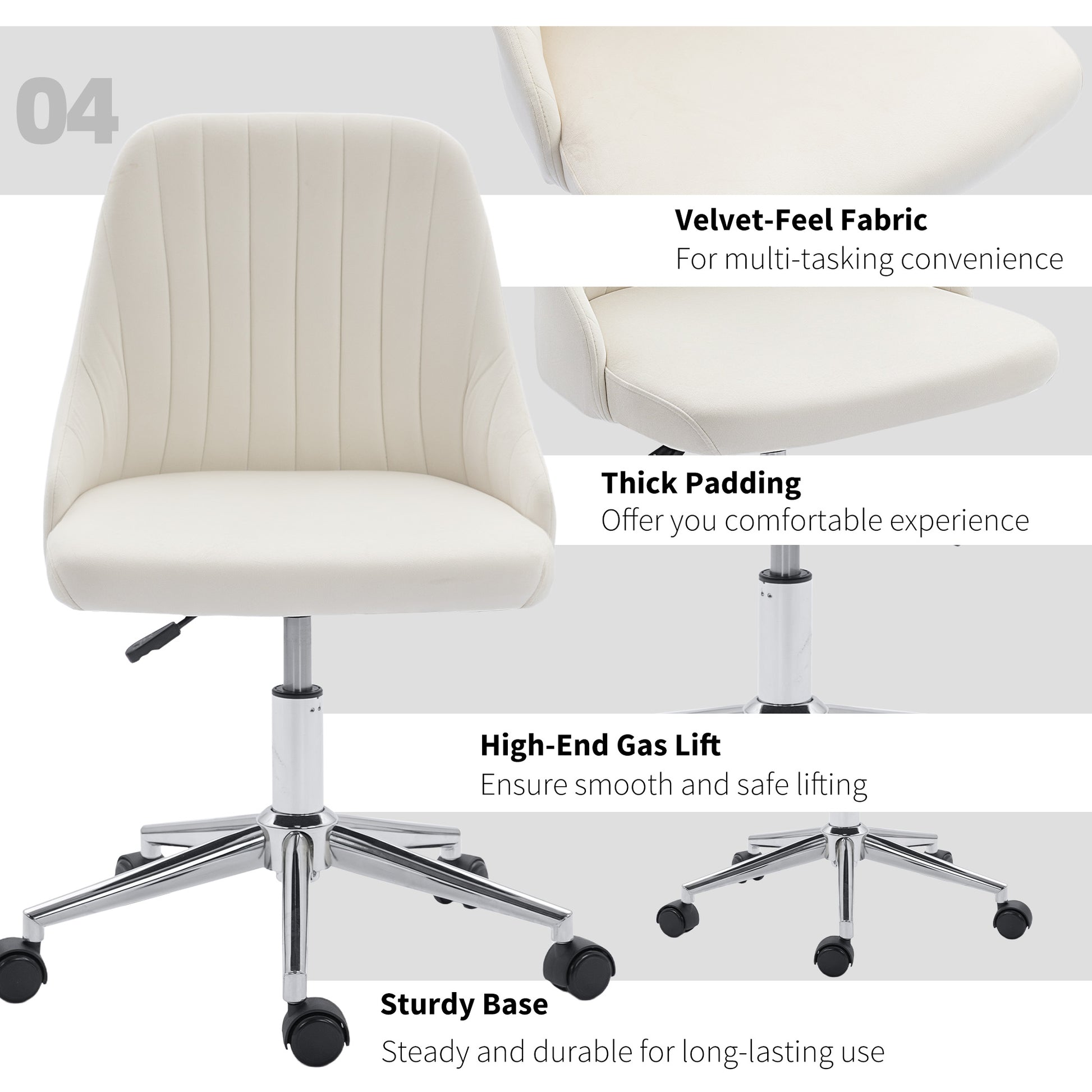 Vanity Chair for Makeup, Velvet Comfy Office Chair with Adjustable Height, Swivel Wheels for Bedroom, Living Room, Cream