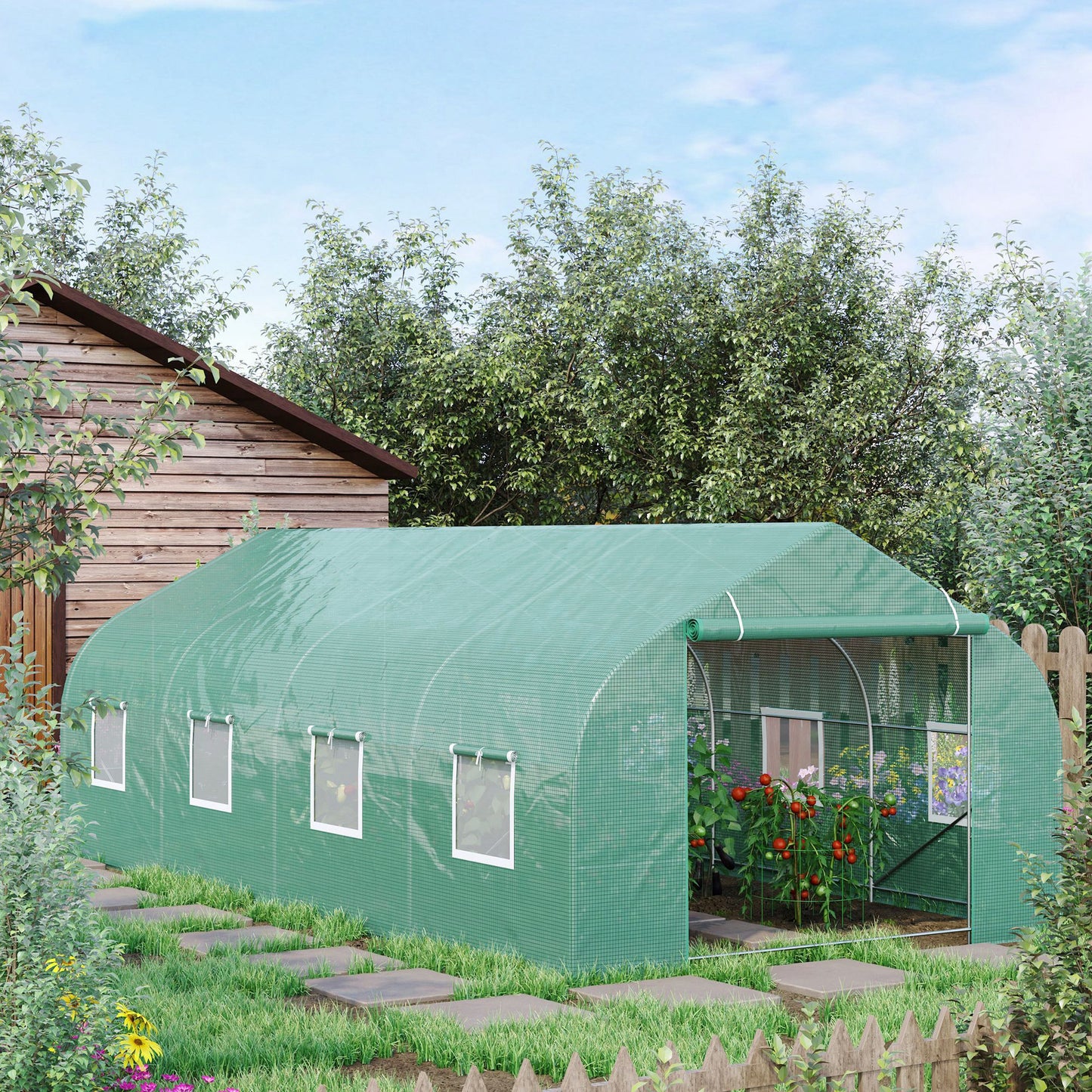 20x10x7ft Walk-in Steeple Greenhouse Outdoor Backyard Plant Seed Growth Shed Tunnel Warm House with 2 Anchor Way Green