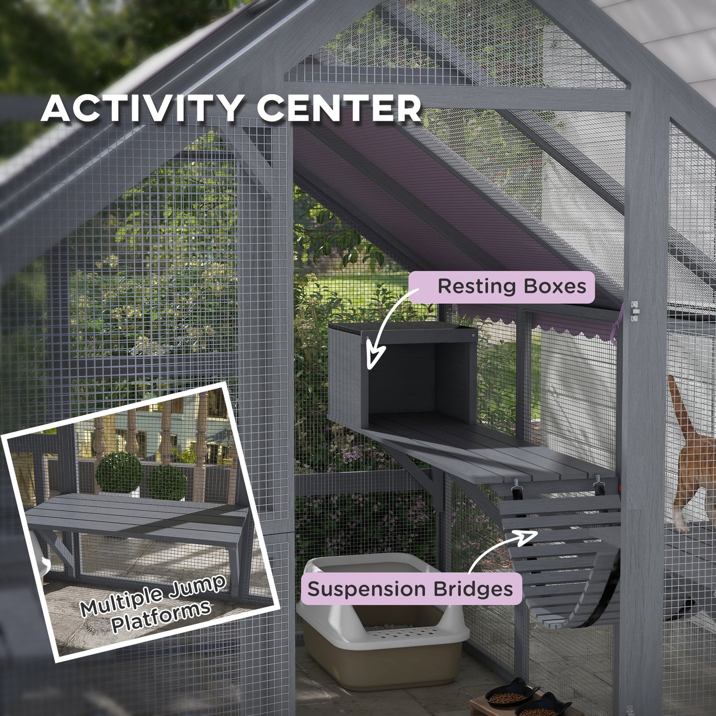 Outdoor Cat Enclosure Wooden Feral Cat House w/ Weatherproof Canopy, Bridges, Resting Boxes, Platforms, for 3-6 Cats