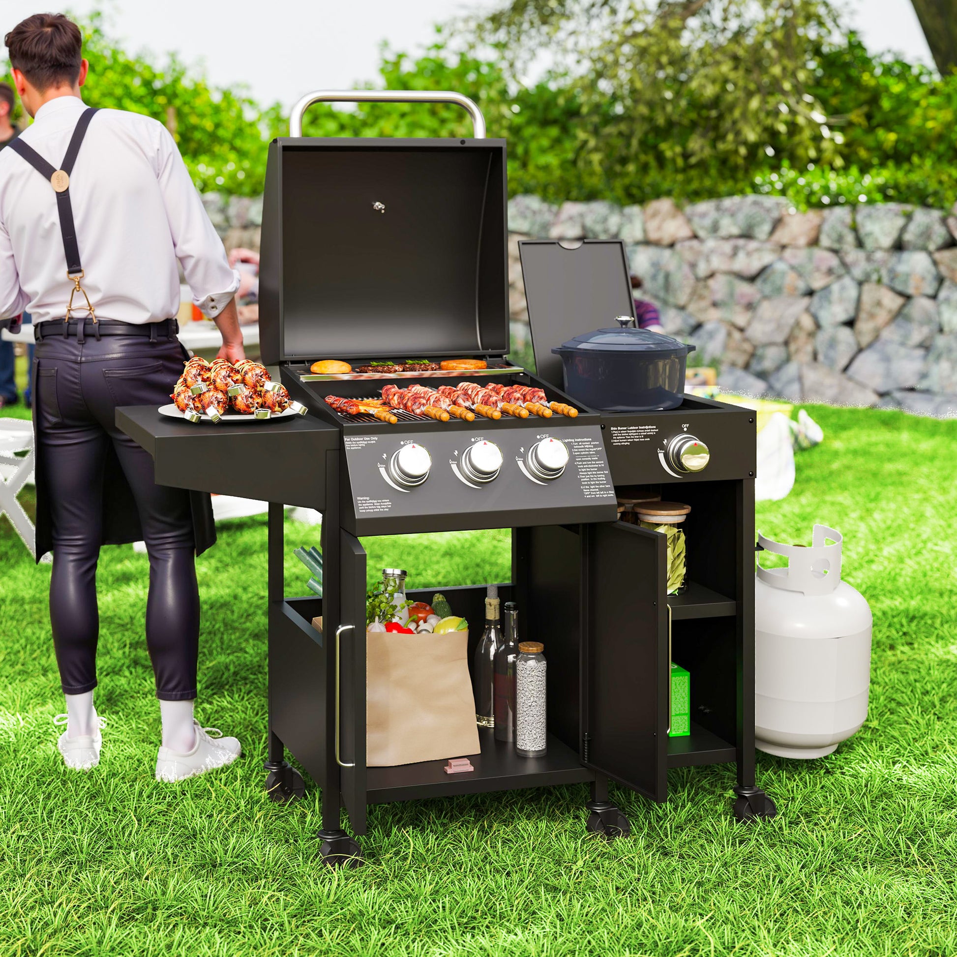 3 Burner Gas Grill with Side Burner, 9.5 KW Propane BBQ Grill, Cabinet Style with Shelves, Wheels, Instant Ignition