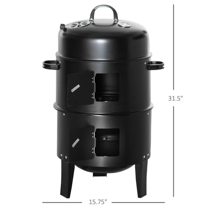 3-in-1 Vertical Charcoal BBQ Smoker, 16" Round Barbecue Grill with 2 Cooking Areas and Thermometer, Black