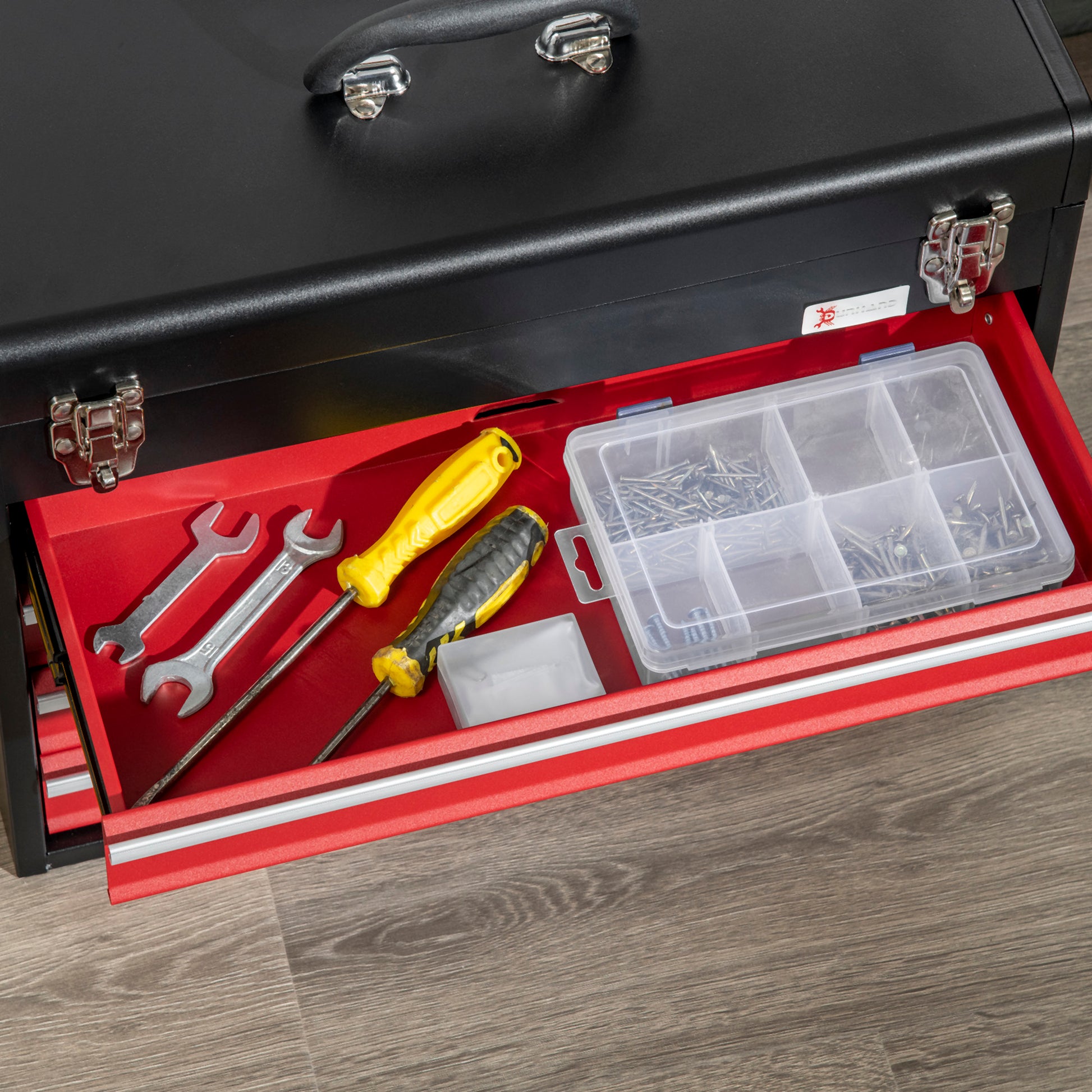 15.6" Tall Portable Metal Tool Box with Metal Latch Closure, 4 Drawer Lockable Tool Chest with Ball-bearing Slider for Garage, Household and Warehouse, Red