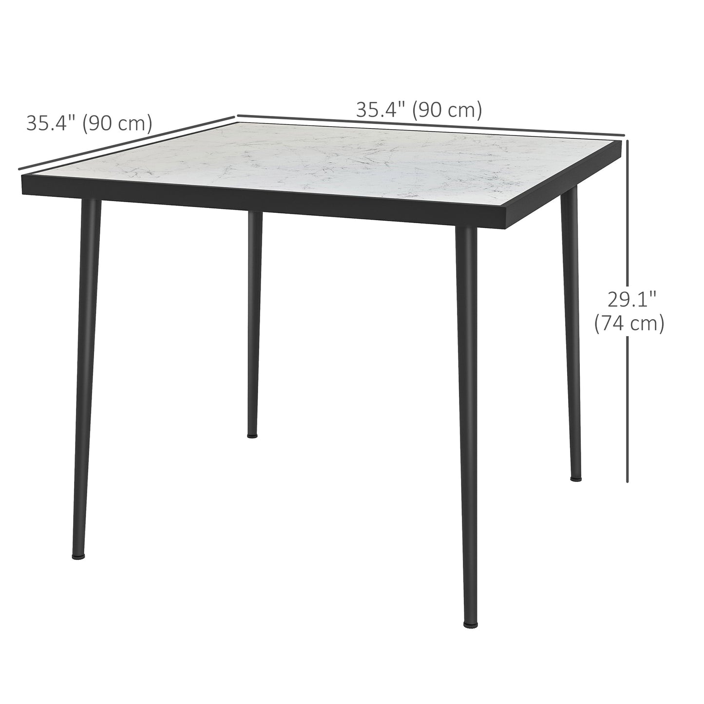 Outdoor Dining Table for 4, Square Patio Dining Table with Marble Effect Tempered Glass Top and Steel Frame, White