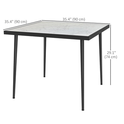Outdoor Dining Table for 4, Square Patio Dining Table with Marble Effect Tempered Glass Top and Steel Frame, White