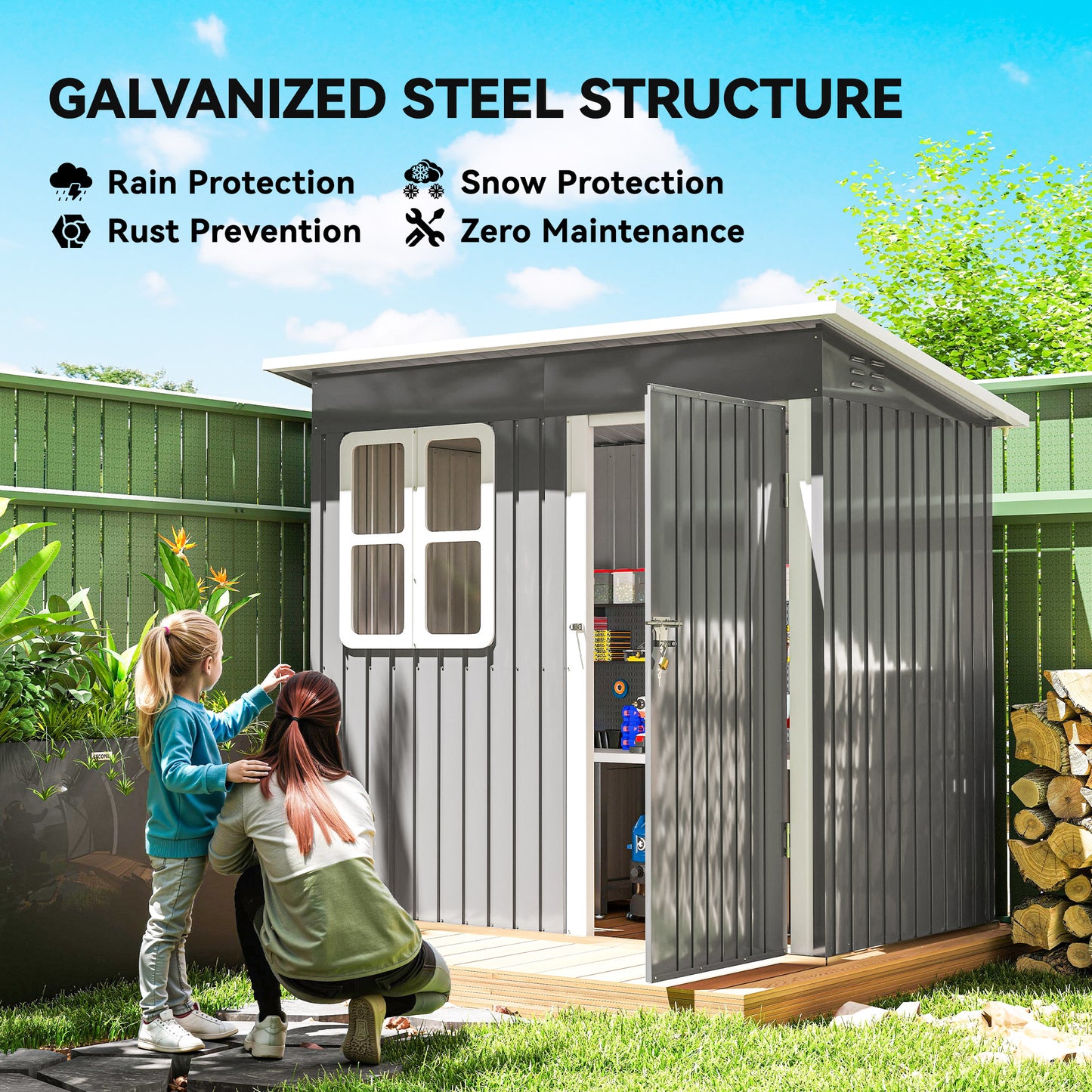 7' x 4' Galvanised Steel Outdoor Storage Shed, Garden Shed with Window, Lockable Wide Door and Air Vents, Dark Grey