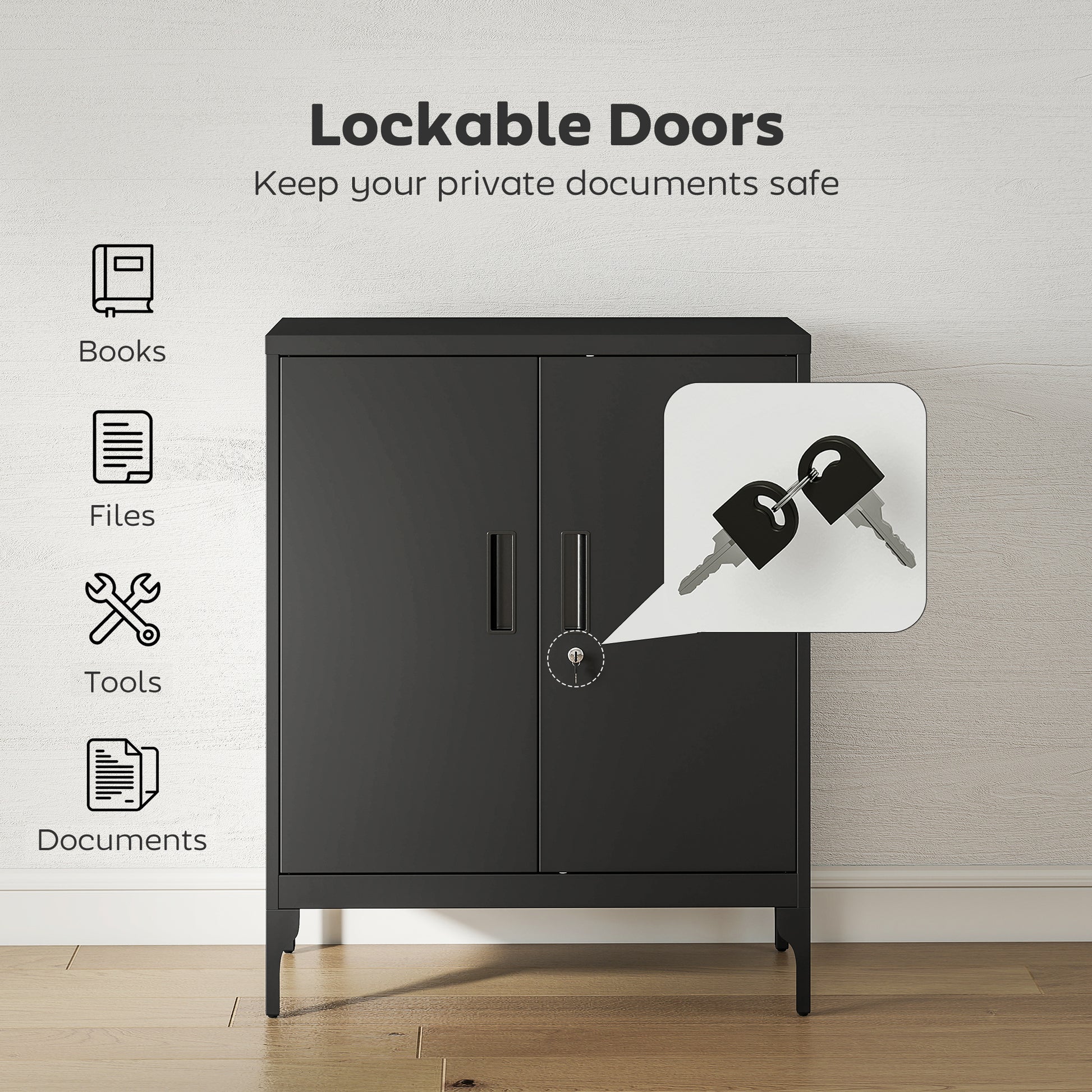 Office Storage Cabinet with Lock, Filing Cabinet with Adjustable Shelves and Doors for Home Office, Garage, Black