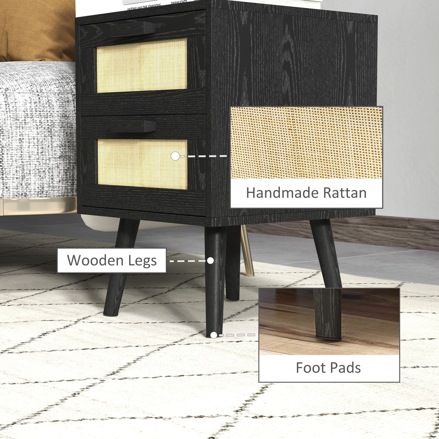 Boho Nightstands Set of 2, Bedside Tables with 2 Drawers for Living Room, Bedroom, Black