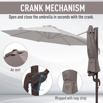 10ft Cantilever Patio Umbrella with 360° Rotation, Crank & Cross Base for Garden Deck Pool Backyard, Grey