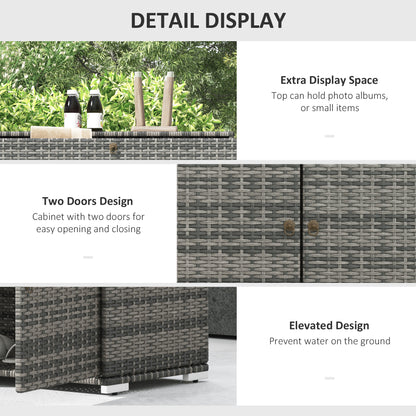 Outdoor Storage Cabinet, Wicker 2-Door Pool Towel Storage Cabinet with Drawer, PE Rattan Pool Organizer, Grey