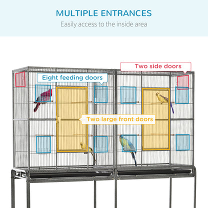 64" Extra Large Bird Cage, Rolling Metal Parrot Cage, Bird House with Detachable Rolling Stand, Storage Shelf, Wood Perch, Food Container, 62.8" x 18.9" x 64.2", Black