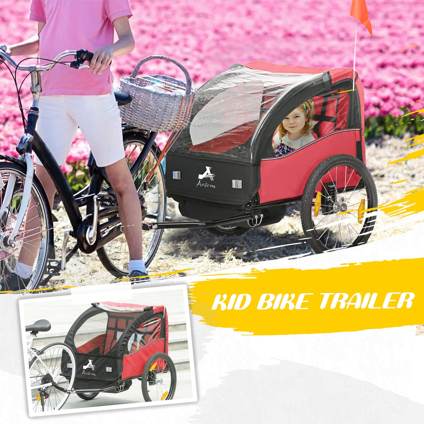 Aosom 2 Seat Bike Trailer for Kids, Baby Stroller with Storage Bag, 5 Point Harness, Bicycle Trailer with 20" Wheels, Red