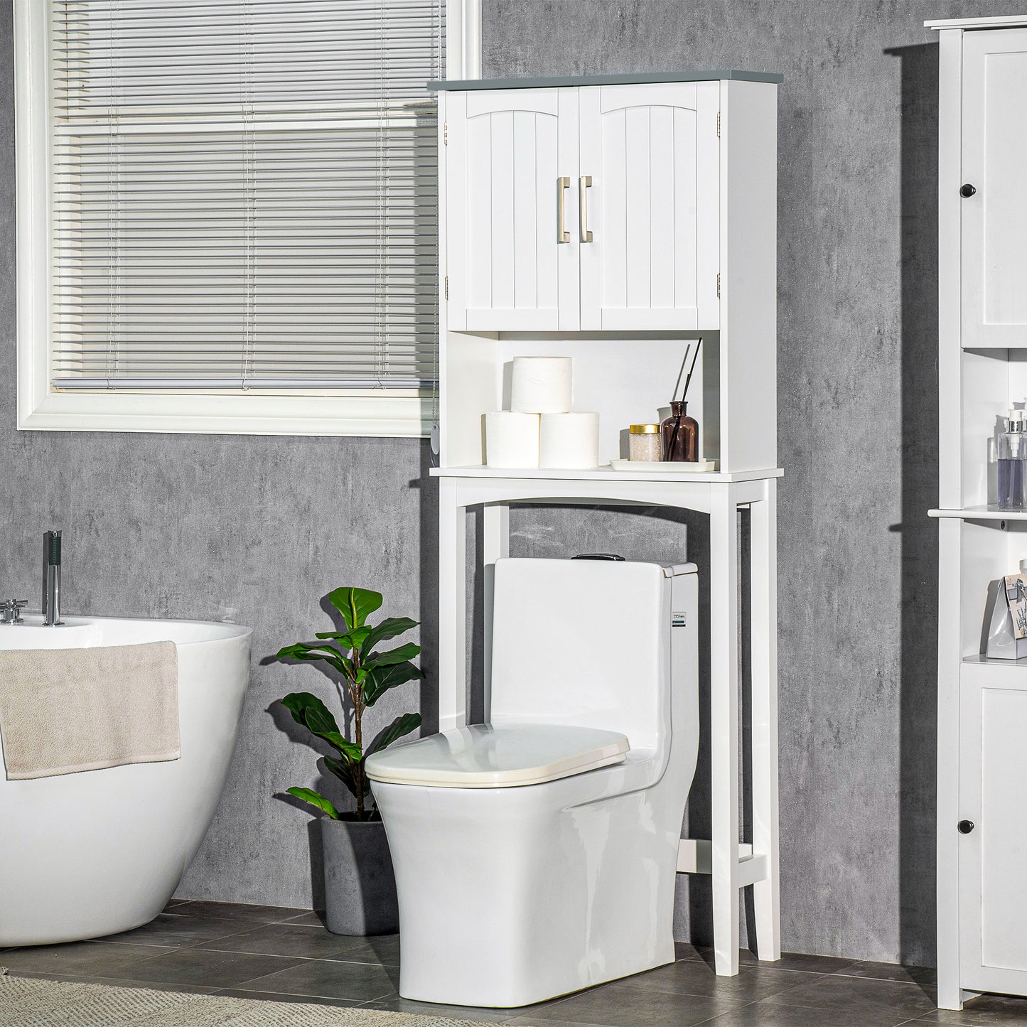 Modern Over The Toilet Storage Cabinet, Double Door Over Toilet Bathroom Organizer with Adjustable Shelf and Open Shelf, Space Saver, White