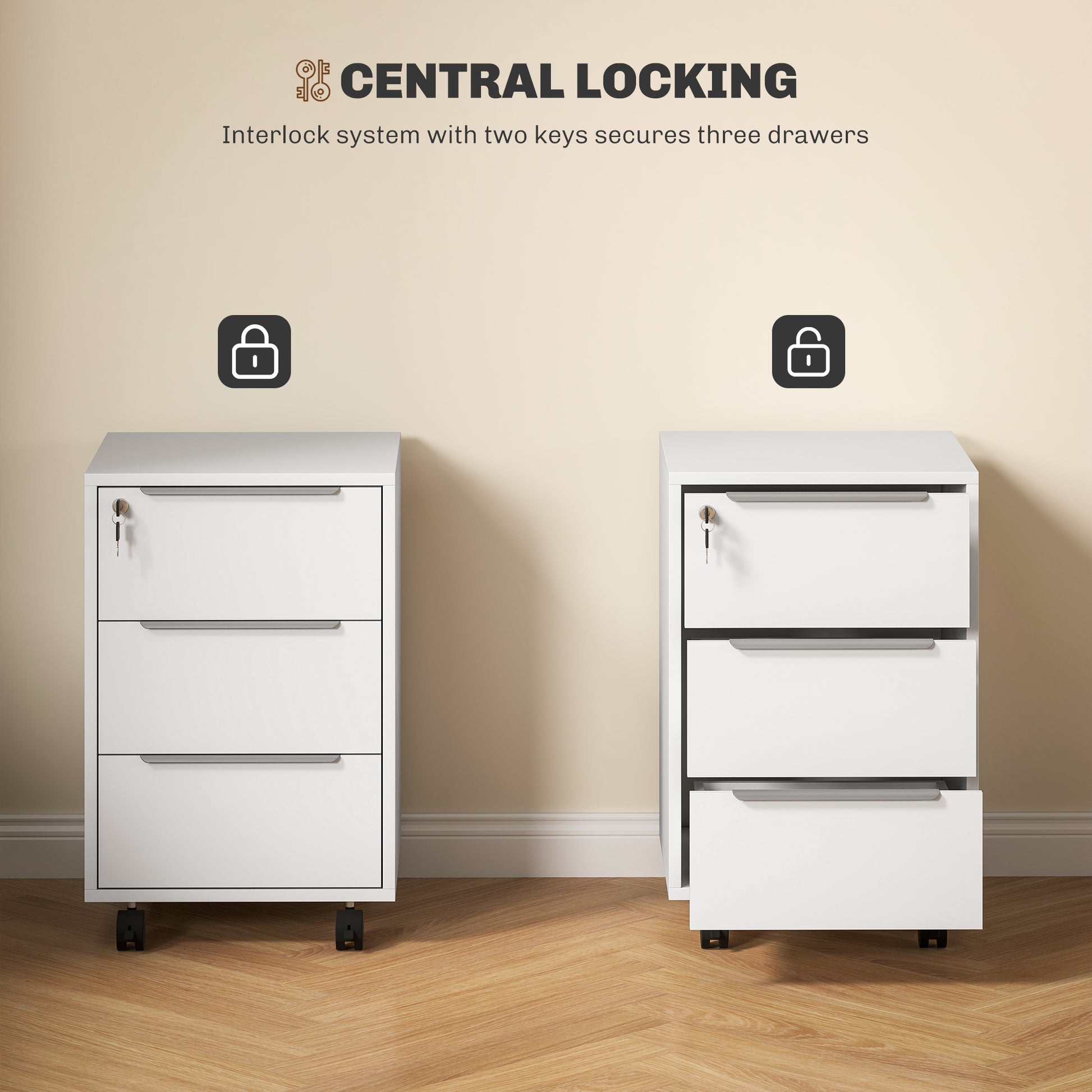 3-Drawer File Cabinet with Wheels, Vertical Filing Cabinet with Lock, White