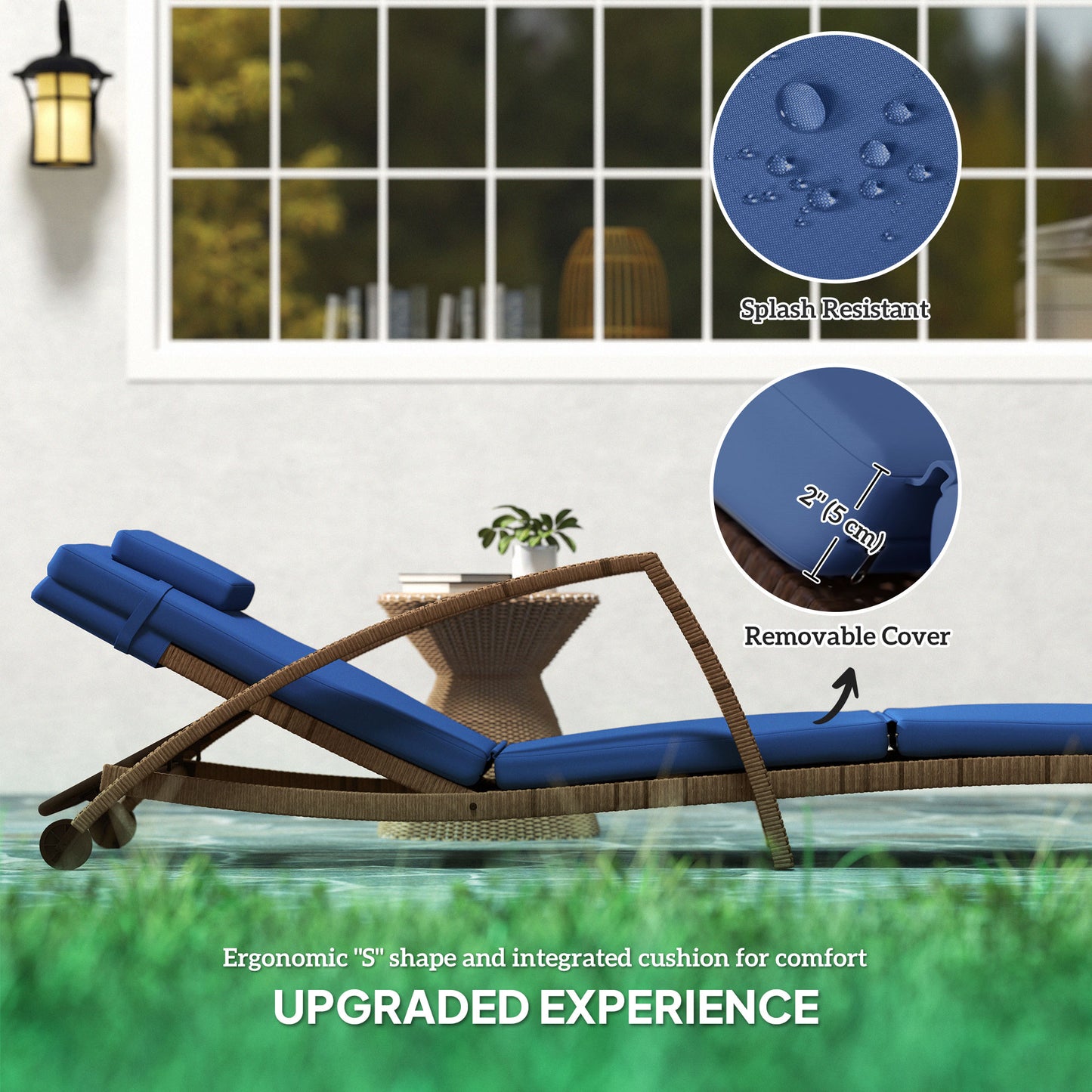 Set of 2 Wicker Chaise Lounge Chair Outdoor Patio Lounger with 5 Adjustable Back, Wheels, Cushion and Armrests, Blue