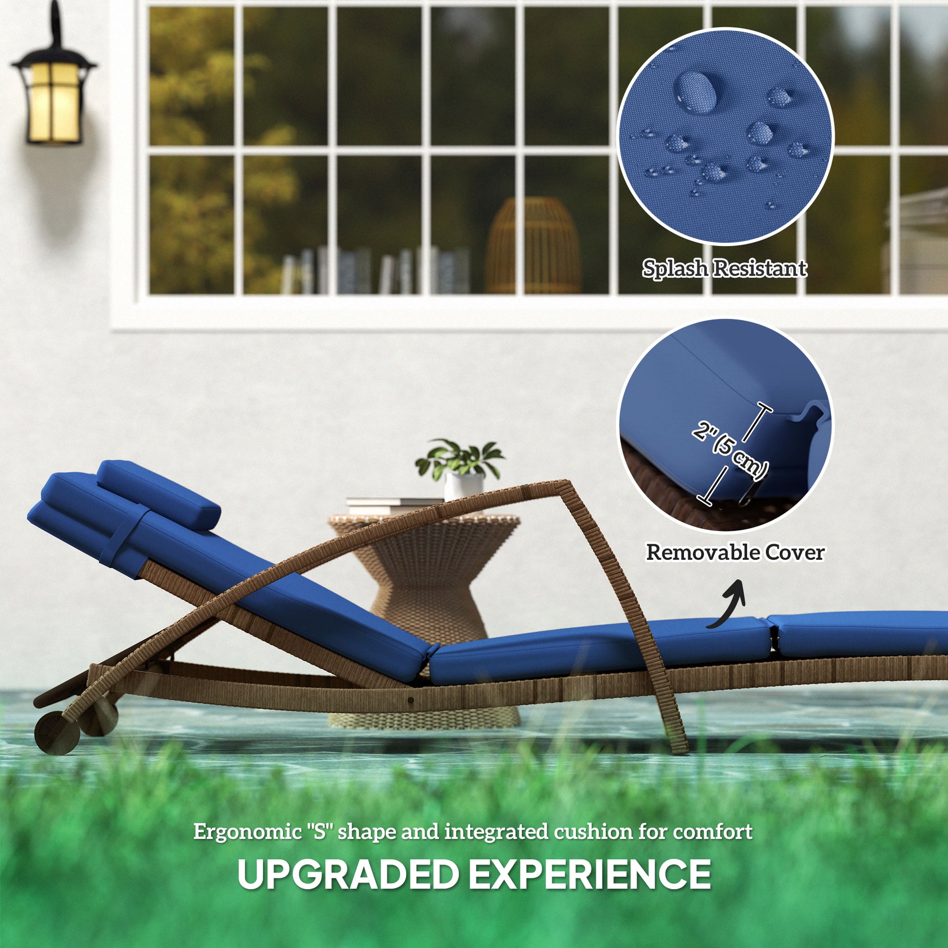 Set of 2 Wicker Chaise Lounge Chair Outdoor Patio Lounger with 5 Adjustable Back, Wheels, Cushion and Armrests, Blue