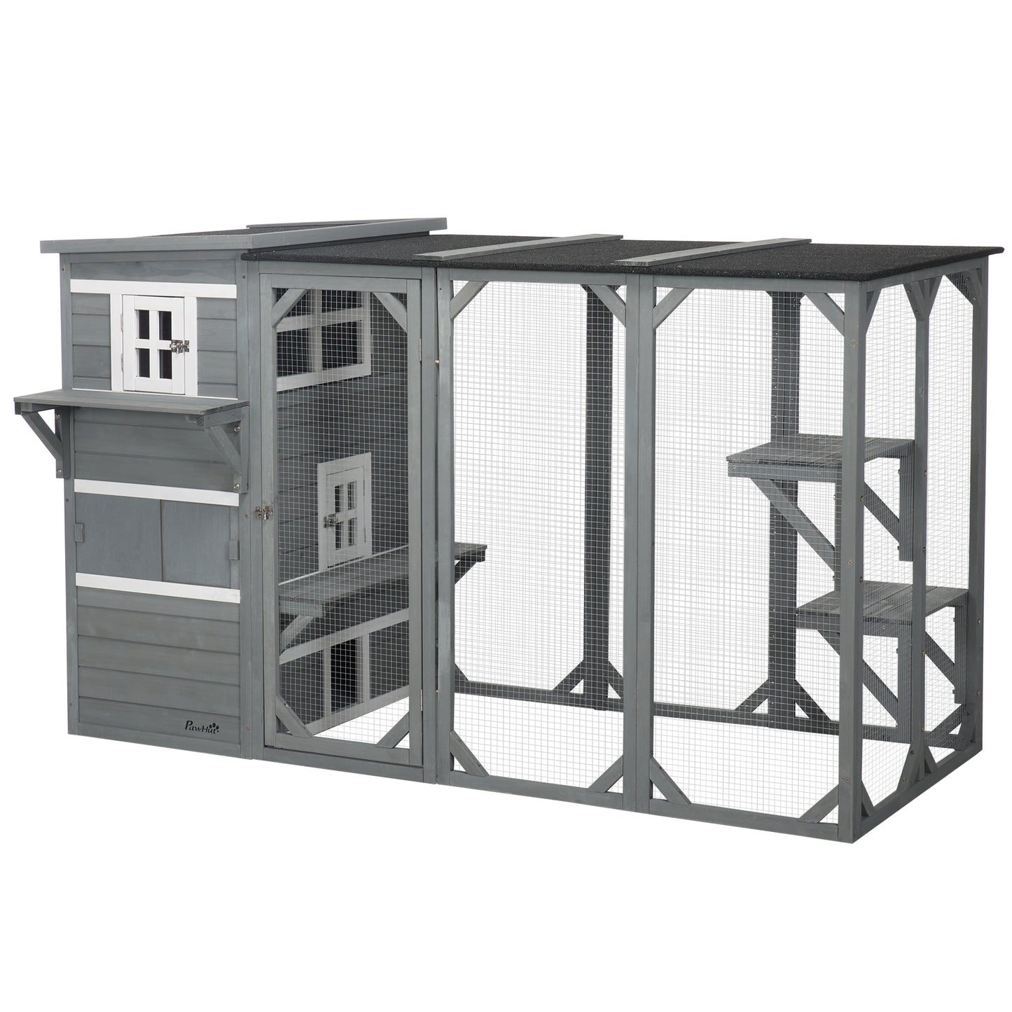 Wooden Cat Catio, 76"L Walk in Outdoor Cat House with Asphalt Roof, Platforms, Lockable Doors, 3-tier Resting Condo, Observation Window, for 2-3 Cats, Light Grey