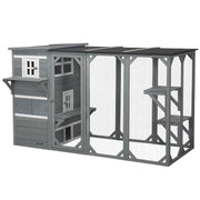 Wooden Cat Catio, 76"L Walk in Outdoor Cat House with Asphalt Roof, Platforms, Lockable Doors, 3-tier Resting Condo, Observation Window, for 2-3 Cats, Light Grey