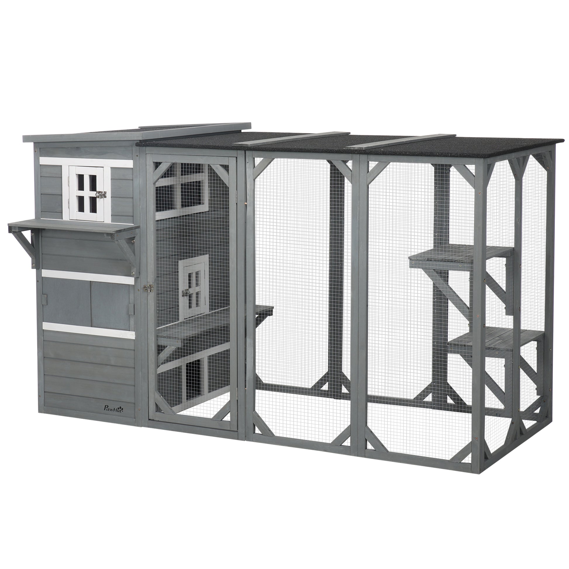 Wooden Cat Catio, 76"L Walk in Outdoor Cat House with Asphalt Roof, Platforms, Lockable Doors, 3-tier Resting Condo, Observation Window, for 2-3 Cats, Light Grey