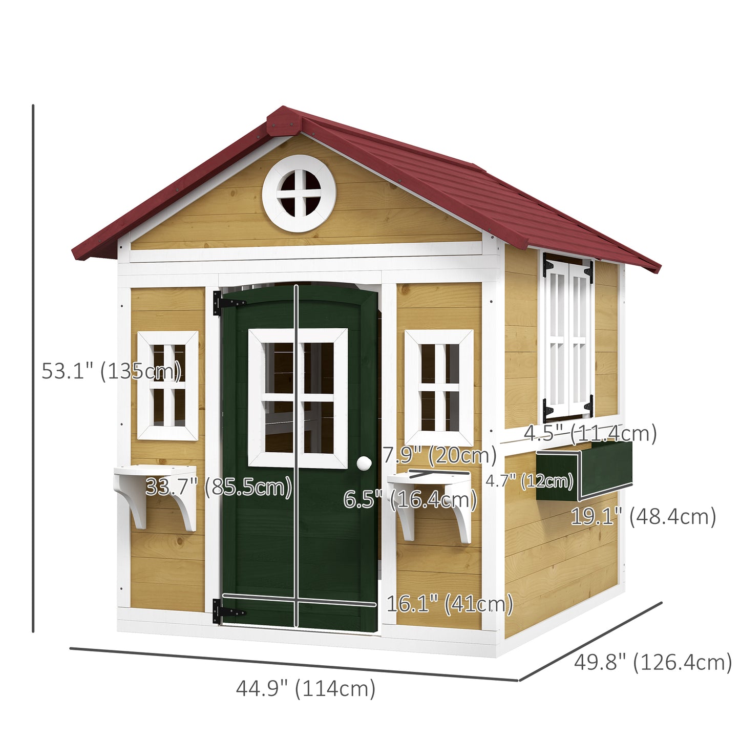 Kids Wooden Outdoor Playhouse for Toddlers aged 3–8, featuring Door, Windows, Planter Pots and Boxes, Garden Cottage Style Backyard Playhouse, Beige