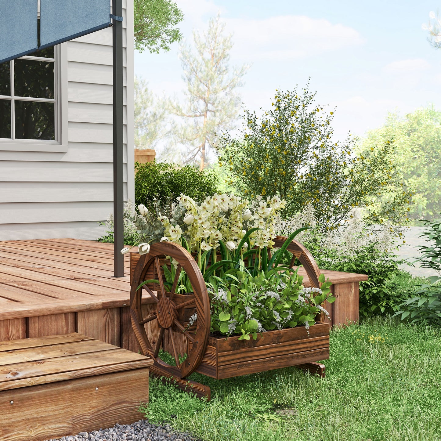 Wooden Wagon Planter Box, 3-Tier Raised Garden Bed, for Vegetables Flowers Herbs, 24" x 24" x 22", Carbonized