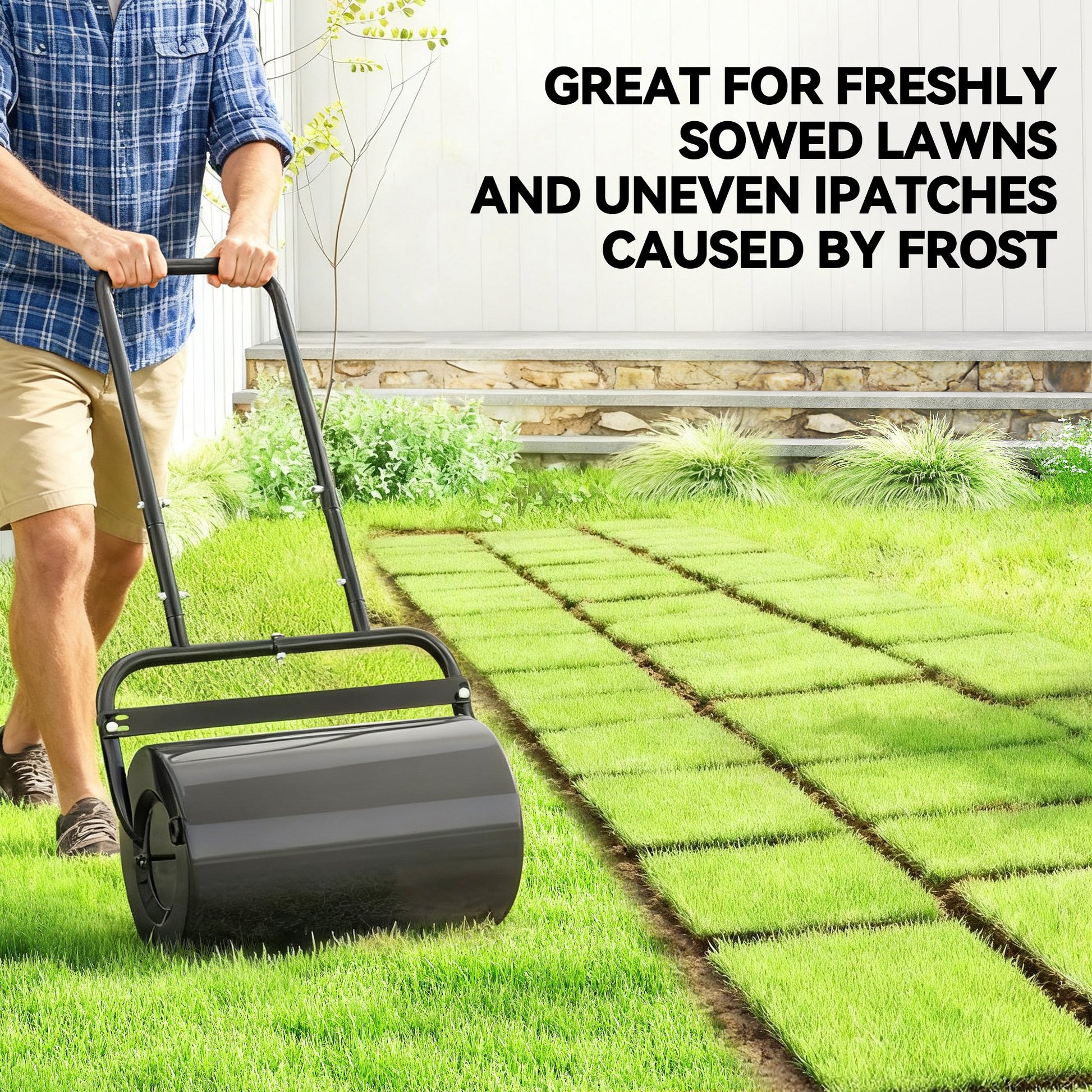 Heavy Duty Lawn Roller, 20" Push/Tow Behind Sod Roller, Grass Flattener Filled with 11gal Water/136lbs Sand, Black