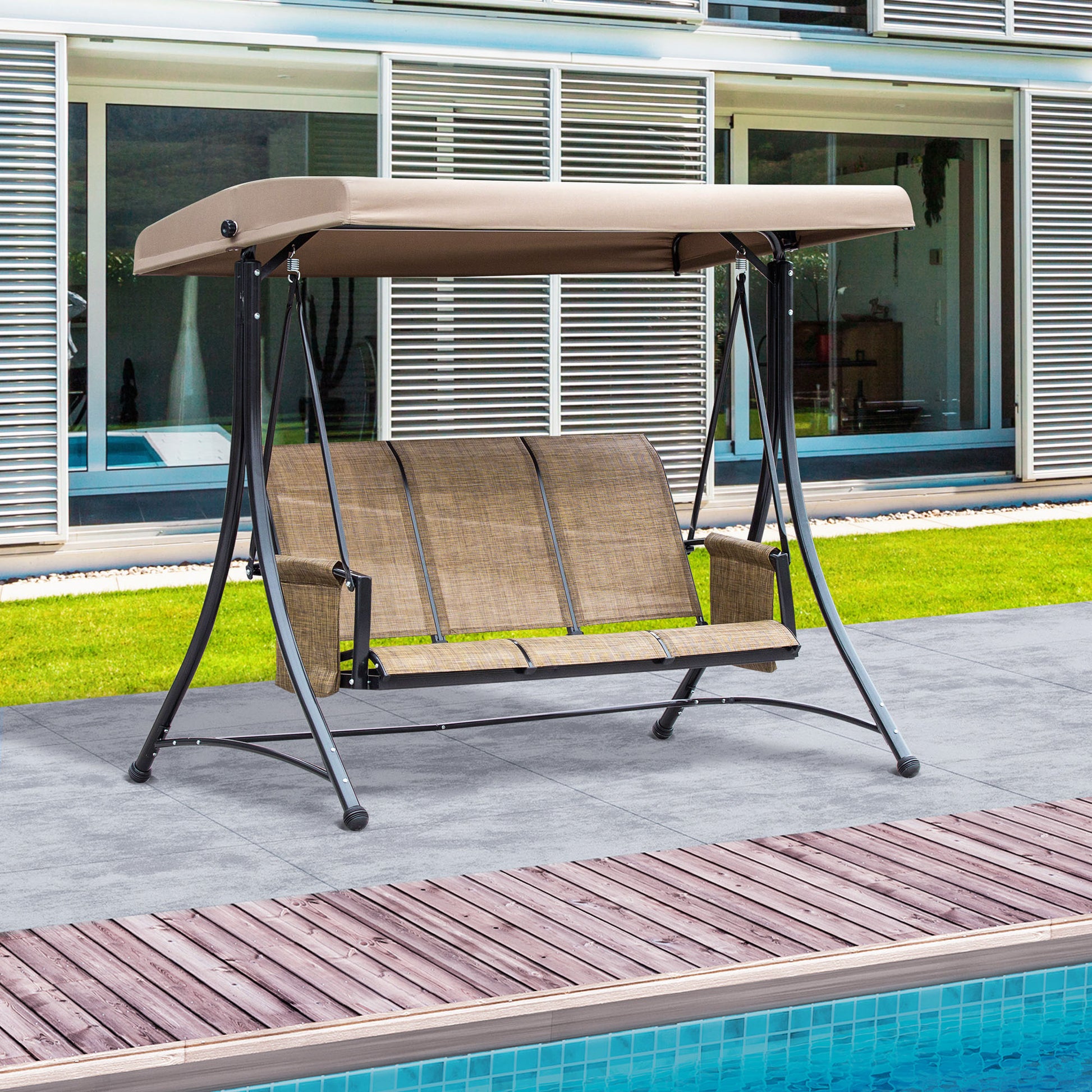 3 Person Porch Swing Outdoor Swing Chair with High Back Design, Side Pouches and Adjustable Canopy, Brown