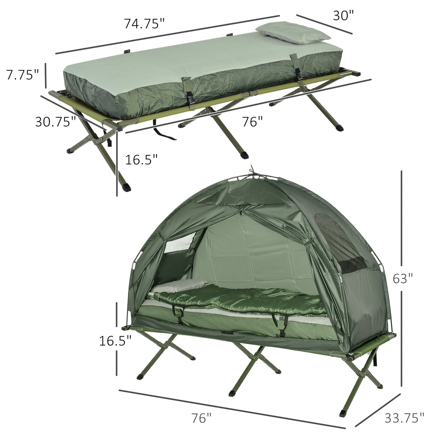 4-in-1 Camping Cot Tent, 1-Person Off-Ground Bed with Air Mattress, Sleeping Bag & Pillow, Elevated Camping Shelter for Adults