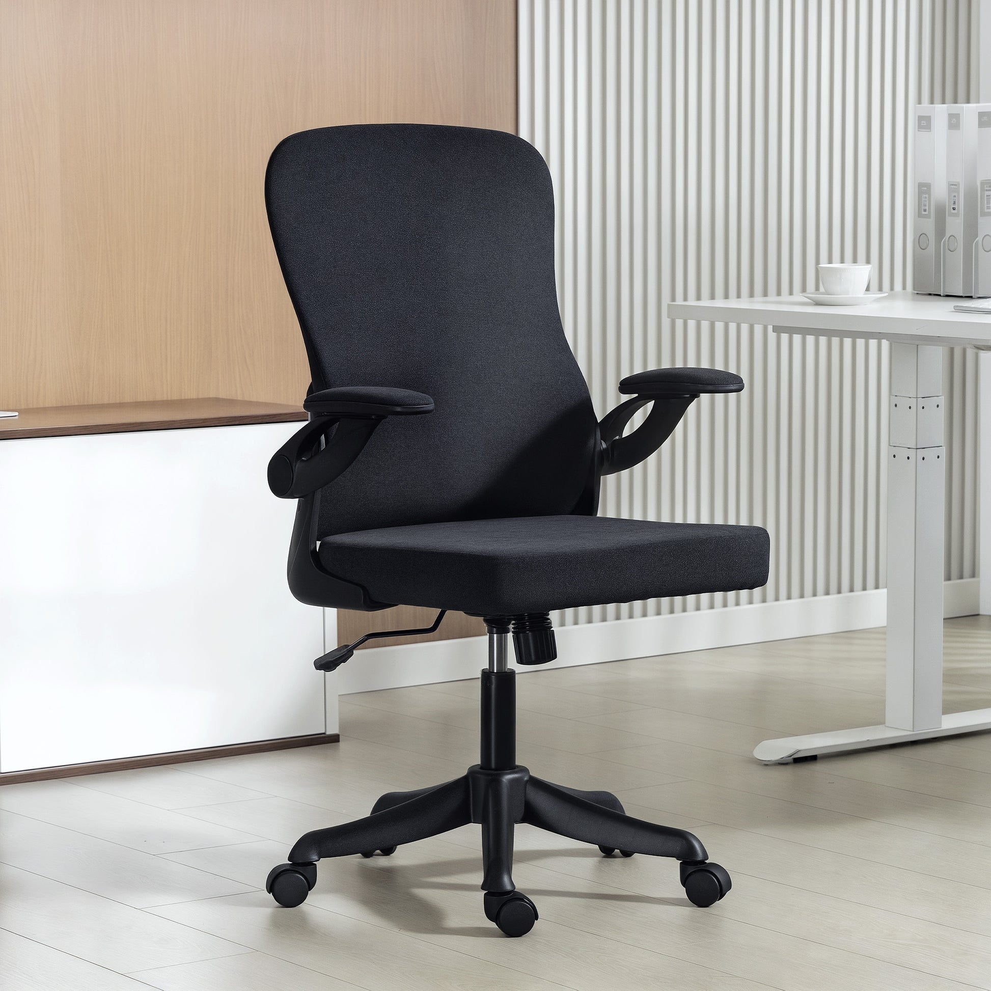 Ergonomic Office Chair, Swivel Desk Chair with Adjustable Lumbar Support and Height, Flip-up Armrests, Wheels, Black